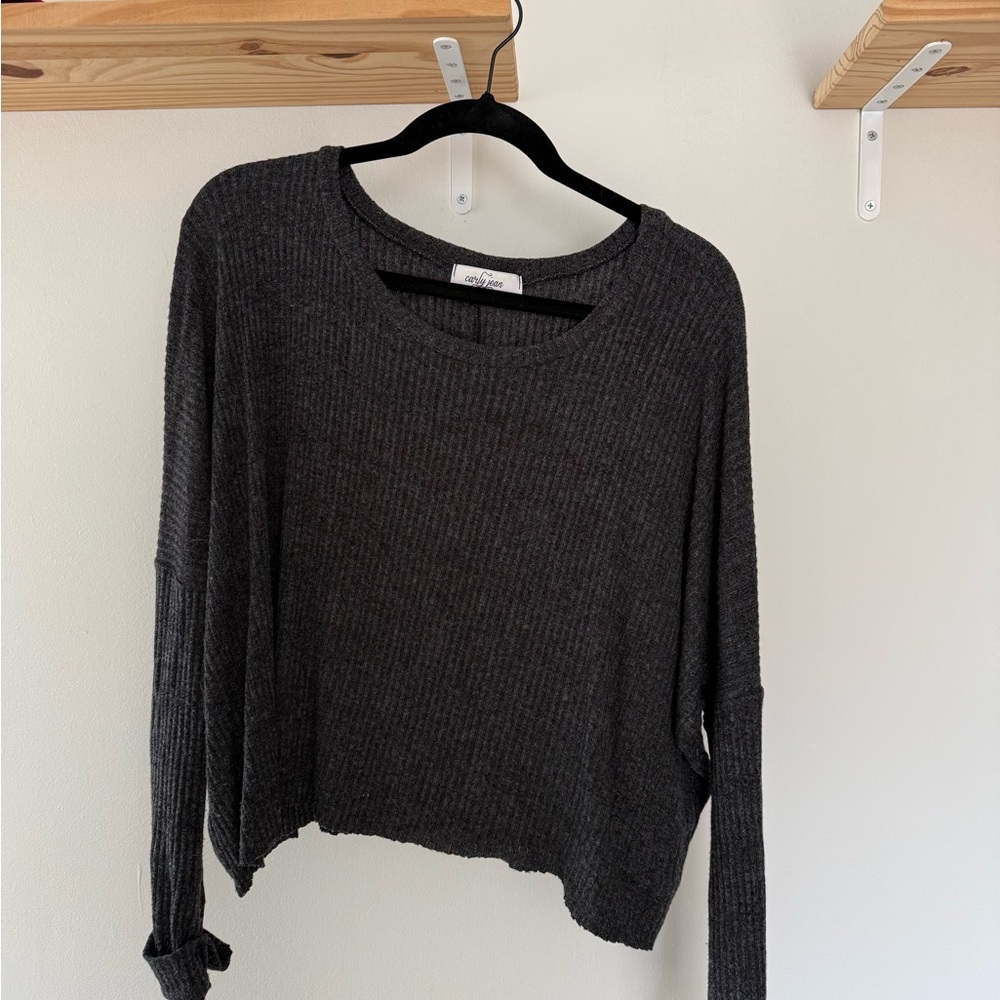 Carly Jean Los Angeles (CJLA) Dark Gray Ribbed Knit Sweater (cropped)